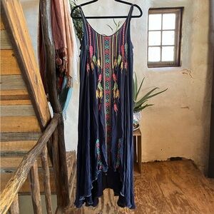 Johnny Was Navy Maxi Dress with Pink, Teal & Yellow Embroidery